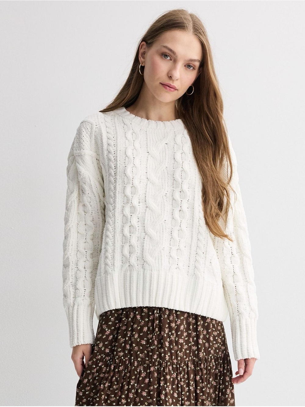 L.L. Bean Women's Cream Cable-Knit Crewneck Sweater